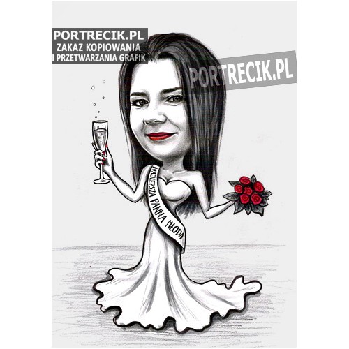 Karykatura na wieczór panieński z szampanem i szarfą