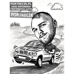 Karykatura mężczyzny w samochodzie BMW na drodze