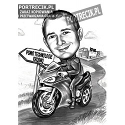 Karykatura na motocyklu ścigaczu