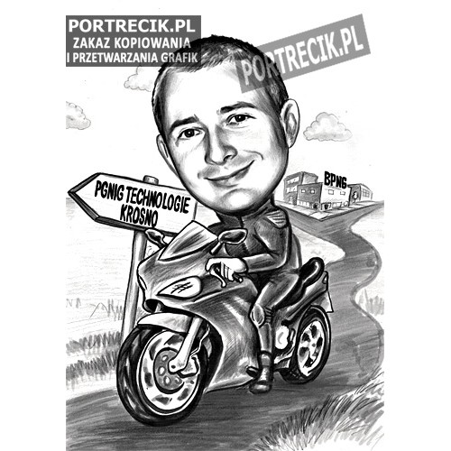 Karykatura na motocyklu ścigaczu