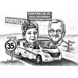 Karykatura pary jadącej kamperem
