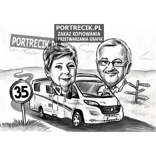 Karykatura pary jadącej kamperem