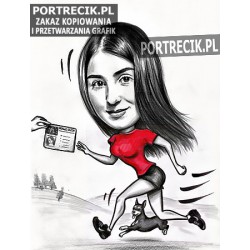 Karykatura kobiety biegnącej z psem po prawo jazdy