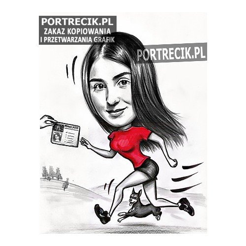 Karykatura kobiety biegnącej z psem po prawo jazdy