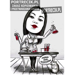 Karykatura laborantki chemiczki z fiolkami i mikroskopem