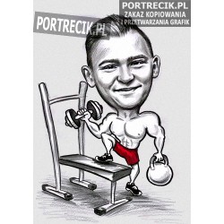 Karykatura siłacza na siłowni przy ławeczce
