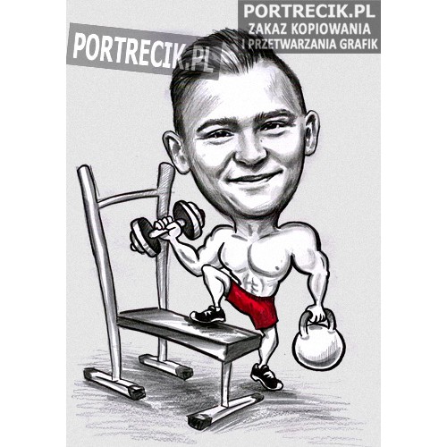Karykatura siłacza na siłowni przy ławeczce