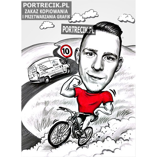 Karykatura umięśnionego rowerzysty z autem