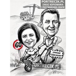 Karykatura pary z panią w taczce - na budowie