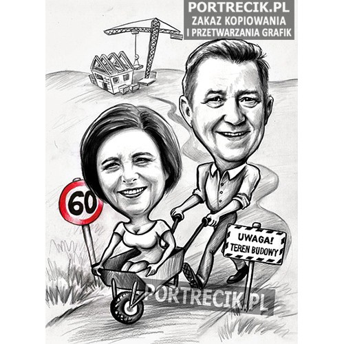Karykatura pary z panią w taczce - na budowie