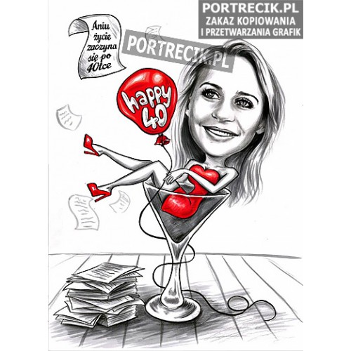 Karykatura urodzinowa - kobieta w kieliszku z papierami