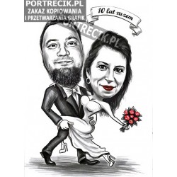 Karykatura pary na 10 rocznicę rocznica ślubu