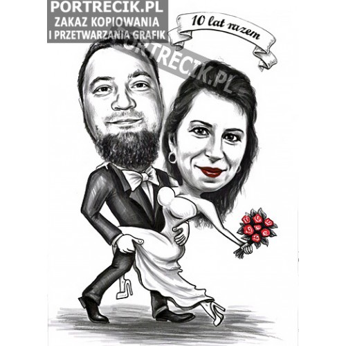 Karykatura pary na 10 rocznicę rocznica ślubu