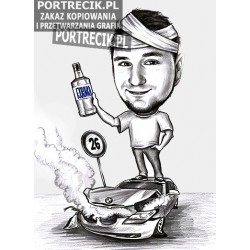 Karykatura mężczyzny na rozbitym BMW z wódką