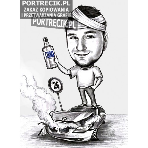 Karykatura mężczyzny na rozbitym BMW z wódką