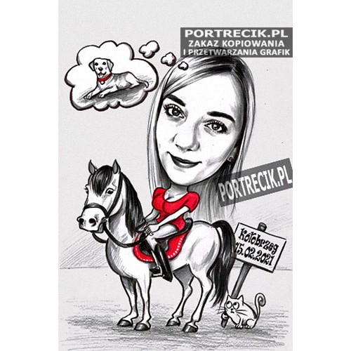 Karykatura koniary z psem i kotem