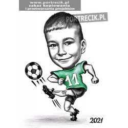 Karykatura chłopca kopiącego piłkę