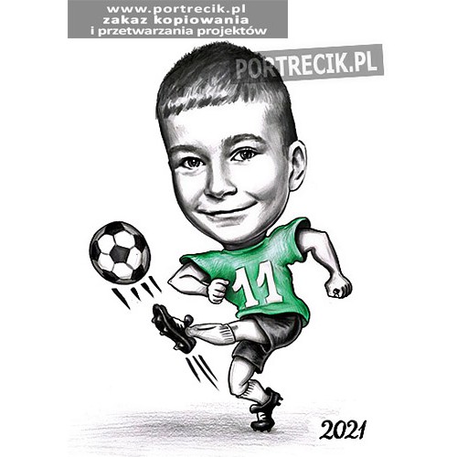 Karykatura chłopca kopiącego piłkę