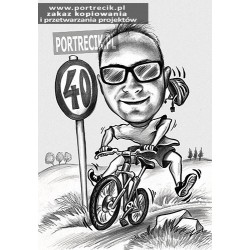 Karykatura rowerzysty z kaskiem na czterdziestkę